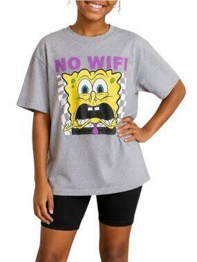 Nickelodeon Kids Size Medium Top SpongeBob "No WiFi" Graphic Tee Gray Fun Shirt
